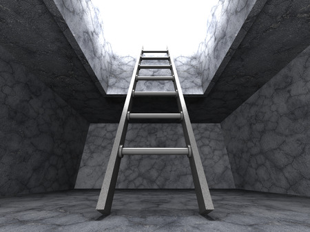 Ladder Out From Dark Basement Room Hole. Freedom Success Concept. 3d Render Illustrationの写真素材