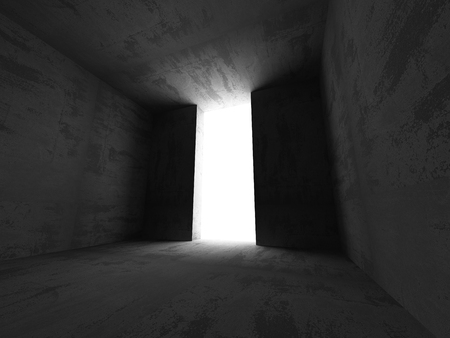 Dark concrete walls room interior with exit light. Architecture abstract background. 3d render illustrationの写真素材