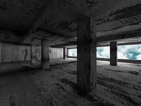 Concrete walls empty room interior. Abstract architecture with sky background. 3d render illustrationの写真素材