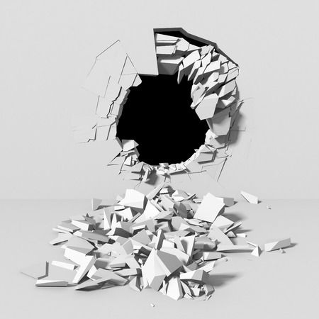 Dark destruction cracked hole in white stone wall. 3d render illustrationの写真素材