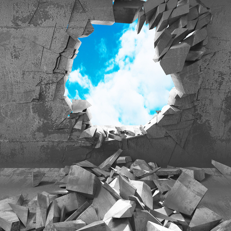 Cracked damage hole in concrete wall to cloudy sky. 3d render illustrationの写真素材