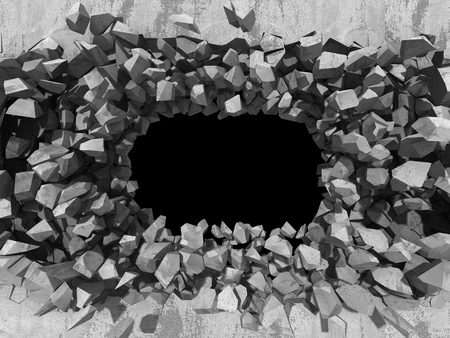 Destruction of concrete stone wall. Dark hole industrial background. 3d render illustrationの写真素材