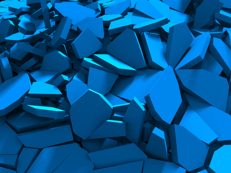 Blue demolition cracked surface chaotic background. 3d render illustration