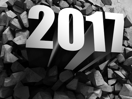New 2017 year metallic text numbers brom concrete wall explosion. 3d render illustrationの写真素材