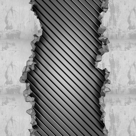 Broken damage cracked dark silver concrete wall background. 3d render illustrationの写真素材