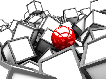 Red Different Sphere Among White Cube Blocks. 3d Render Illustration