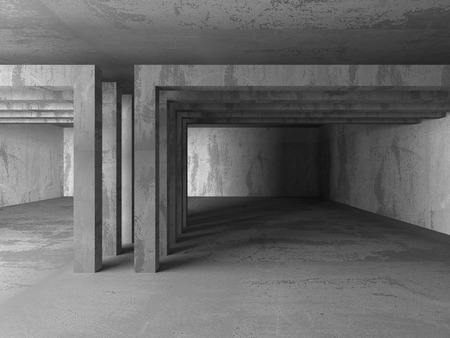 Dark concrete empty room. Modern architecture design. Urban textured background. 3d render...