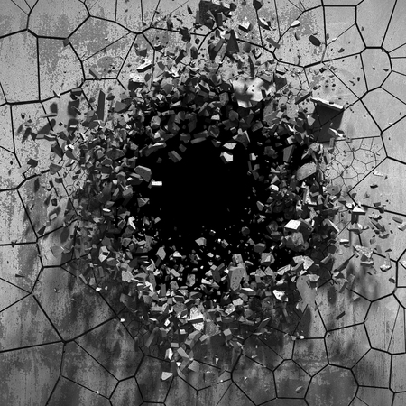 Explosion hole in concrete cracked wall. Industrial background. 3d render illustrationの写真素材