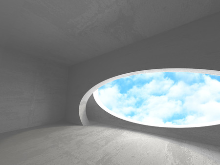 Concrete room wall construction on cloudy sky background. 3d render illustrationの写真素材