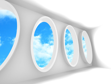 Empty white room interior with window to sky. 3d render illustrationの写真素材