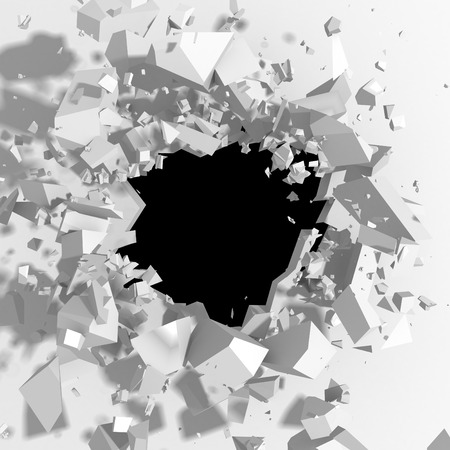 Dark destruction cracked hole in white stone wall. 3d render illustrationの写真素材