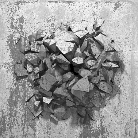 Dark cracked broken wall in concrete wall. Grunge background. 3d render illustration