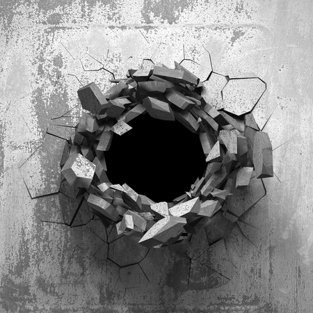 Dark cracked broken wall in concrete wall. Grunge background. 3d render illustrationの写真素材
