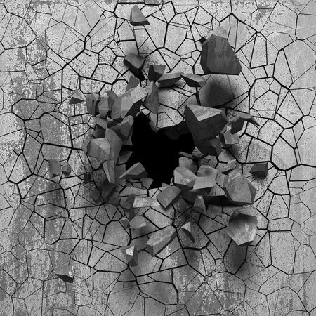 Dark cracked broken wall in concrete wall. Grunge background. 3d render illustrationの写真素材