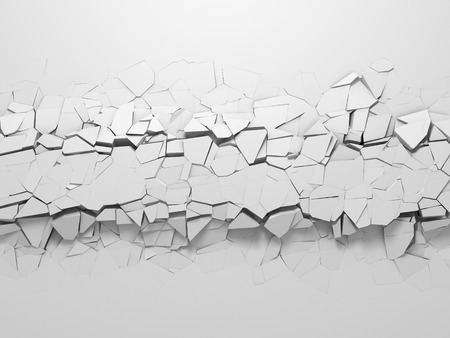 Dark destruction cracked hole in white stone wall. 3d render illustrationの写真素材
