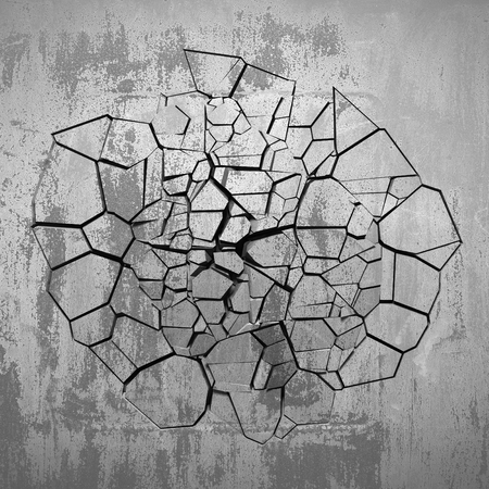 Dark cracked broken wall in concrete wall. Grunge background. 3d render illustration