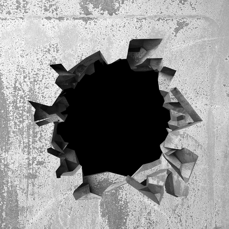 Dark cracked broken hole in concrete wall. Grunge background. 3d render illustrationの写真素材