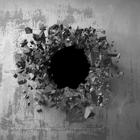 Dark cracked broken hole in concrete wall. Grunge background. 3d render illustrationの写真素材