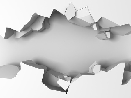 Dark destruction cracked hole in white stone wall. 3d render illustrationの写真素材