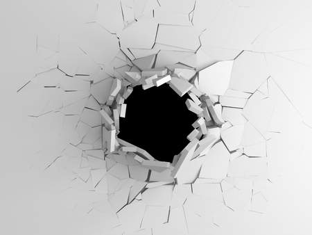 Dark destruction cracked hole in white stone wall. 3d render illustrationの写真素材