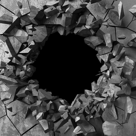 Dark cracked broken hole in concrete wall. Grunge background. 3d render illustrationの写真素材