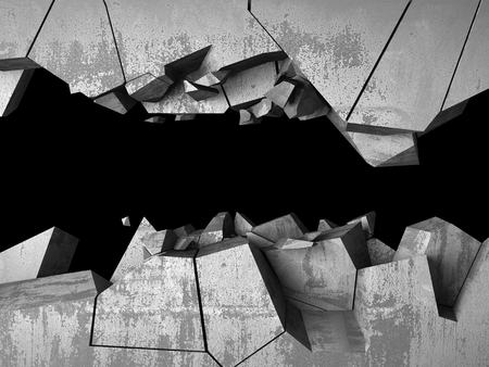 Dark cracked broken hole in concrete wall. Grunge background. 3d render illustrationの写真素材