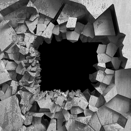 Dark cracked broken hole in concrete wall. Grunge background. 3d render illustrationの写真素材