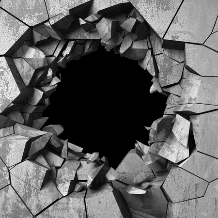 Dark cracked broken hole in concrete wall. Grunge background. 3d render illustrationの写真素材