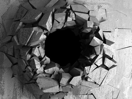 Dark cracked broken hole in concrete wall. Grunge background. 3d render illustrationの写真素材