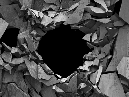 Dark cracked broken hole in concrete wall. Grunge background. 3d render illustrationの写真素材