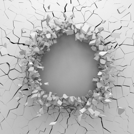 Dark destruction cracked hole in white stone wall. 3d render illustrationの写真素材