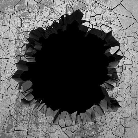 Dark cracked broken hole in concrete wall. Grunge background. 3d render illustrationの写真素材