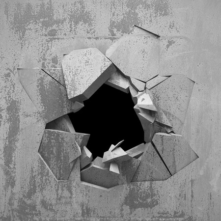 Dark cracked broken hole in concrete wall. Grunge background. 3d render illustrationの写真素材