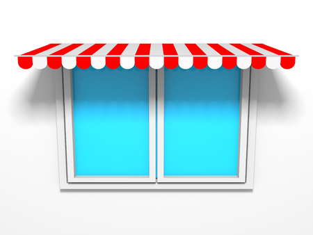 Red awning sunshade over window. Design mokeup template. 3d render illustrationの写真素材