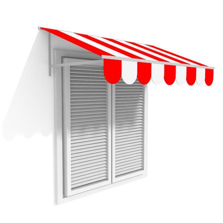 Red awning sunshade over closed window. Design mockup template. 3d render illustrationの写真素材