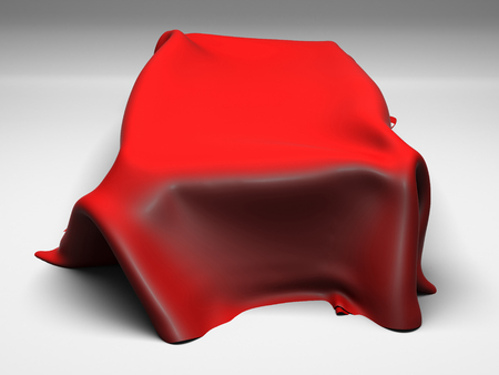 Red silk elegance tablecloth. Trade show exhibition. Design element for background. 3d render illustrationの写真素材