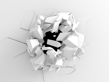 Dark destruction cracked hole in white stone wall. 3d render illustrationの写真素材