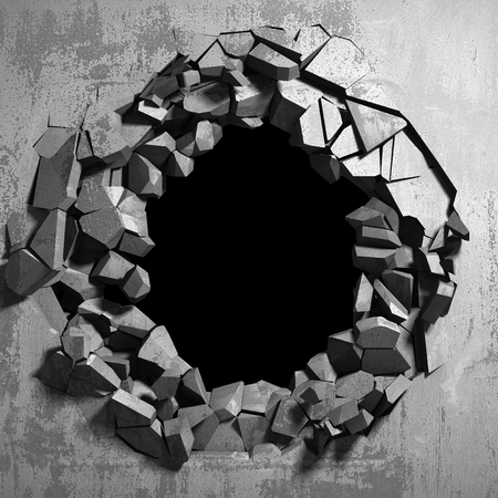 Dark cracked broken hole in concrete wall. Grunge background. 3d render illustrationの写真素材
