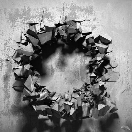 Dark cracked broken hole in concrete wall. Grunge background. 3d render illustrationの写真素材
