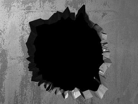Dark cracked broken hole in concrete wall. Grunge background. 3d render illustrationの写真素材