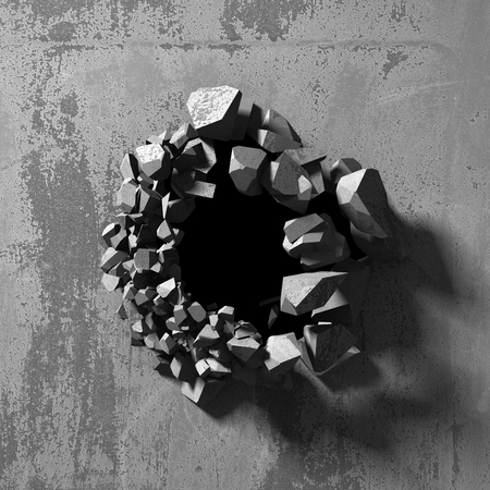 Dark cracked broken hole in concrete wall. Grunge background. 3d render illustrationの写真素材