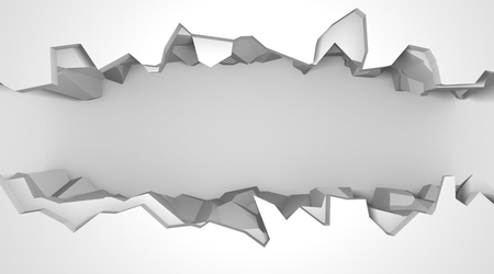 Dark destruction cracked hole in white stone wall. 3d render illustrationの写真素材