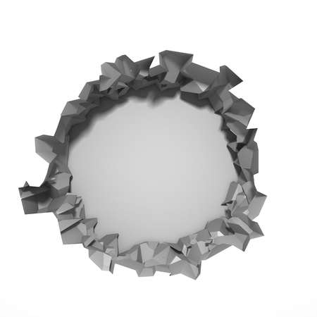 Dark destruction cracked hole in white stone wall. 3d render illustrationの写真素材