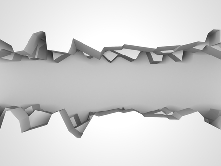 Dark destruction cracked hole in white stone wall. 3d render illustrationの写真素材