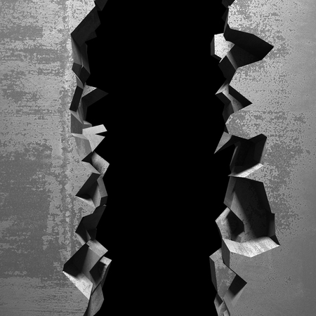 Dark cracked broken hole in concrete wall. Grunge background. 3d render illustrationの写真素材
