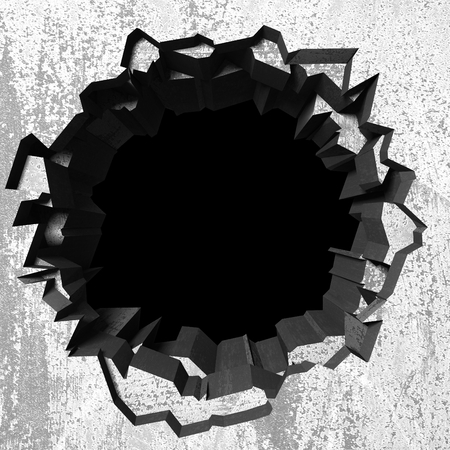 Dark cracked broken hole in concrete wall. Grunge background. 3d render illustrationの写真素材