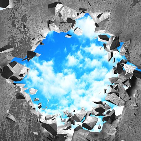 Ð¡racked broken hole in concrete wall to cloudy sky. Freedom concept. Grunge background. 3d render illustrationの写真素材