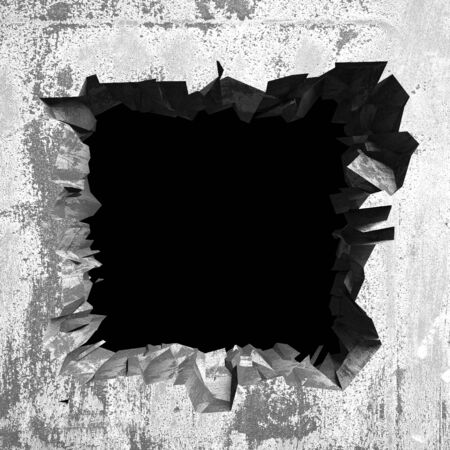 Dark cracked broken hole in concrete wall. Grunge background. 3d render illustrationの写真素材