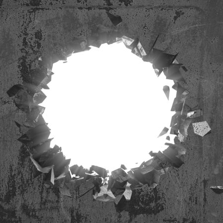 Dark cracked broken hole in concrete wall. Grunge background. 3d render illustrationの写真素材
