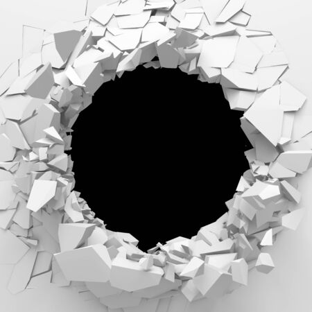 Dark destruction cracked hole in white stone wall. 3d render illustrationの写真素材
